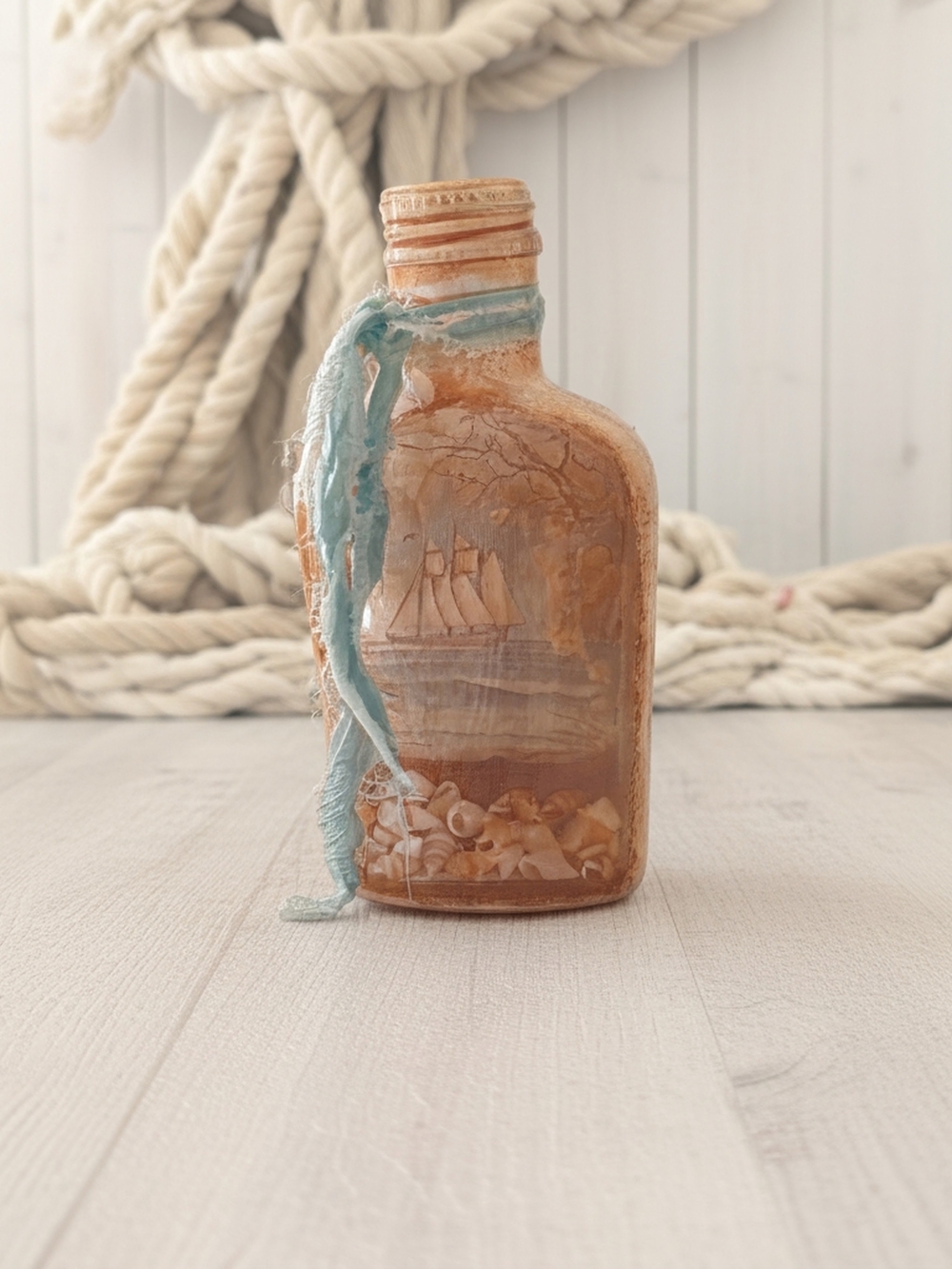 Seaside Decorative Glass Bottle with Blue Ribbon and Sea Shells